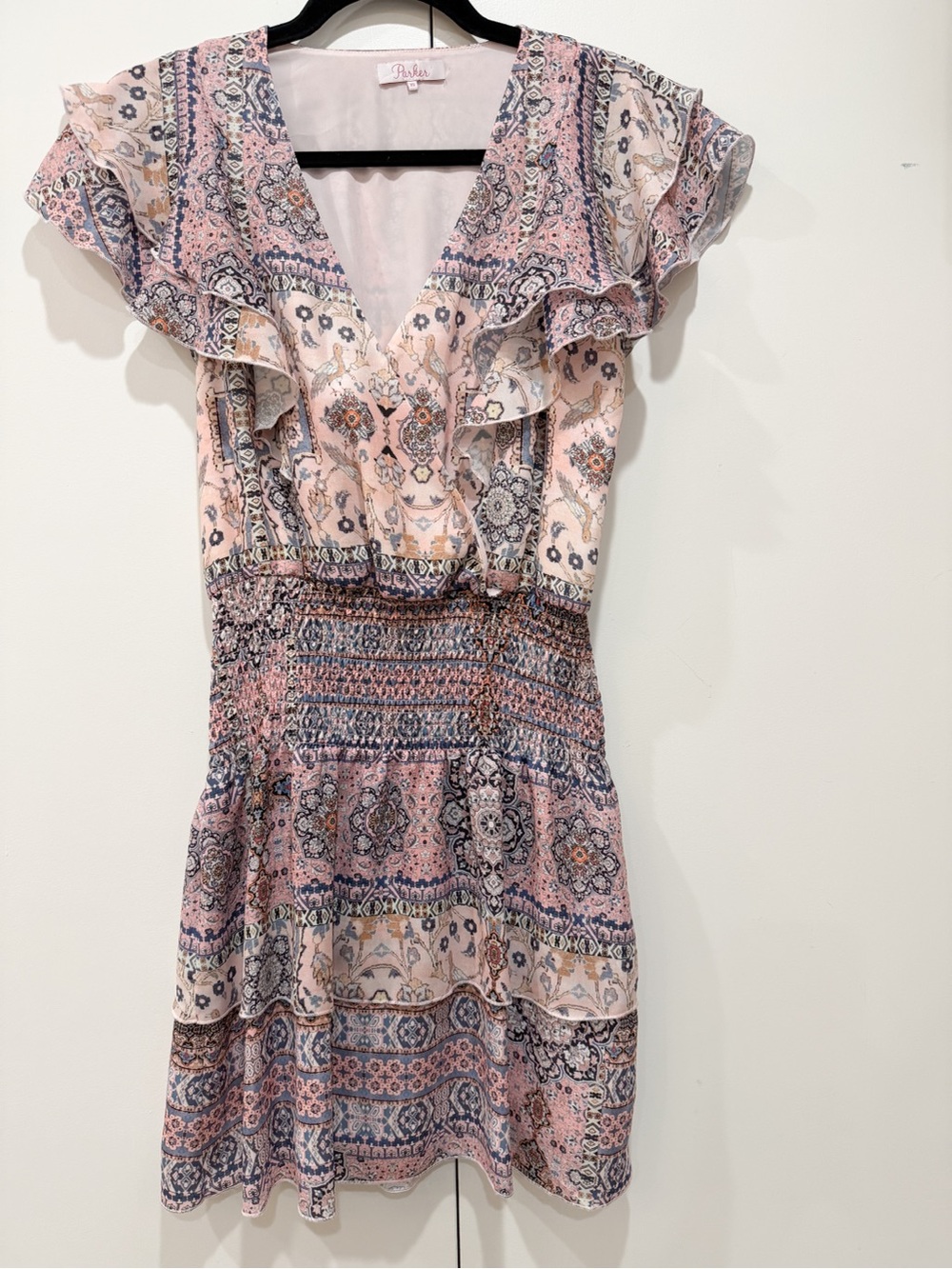 Parker NY Chambers Flounce Smocked Dress somerset Paisley Floral Ruffle Mini XS